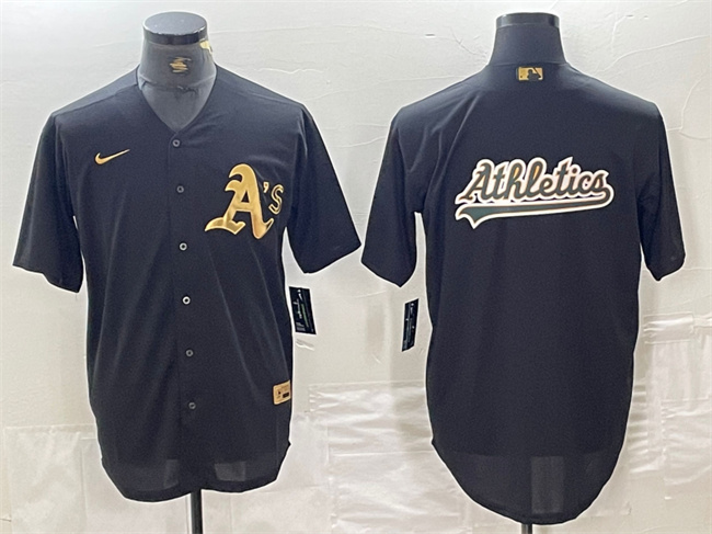 Men's Oakland Athletics Black Gold Team Big Logo Cool Base Stitched Baseball Jersey
